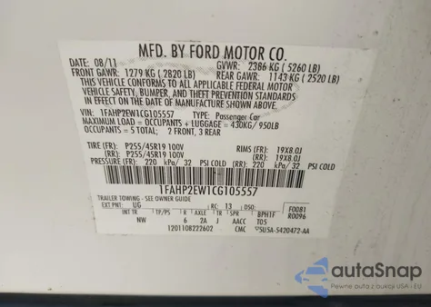 2012 Ford Taurus Sel из США, поврежденный, VIN 1FAHP2EW1CG105557